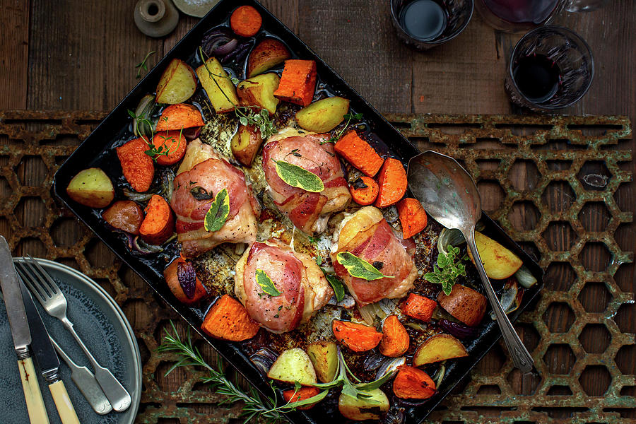 Roasted Bacon Chicken With Sweet Potatoes Photograph by Lara Jane Thorpe