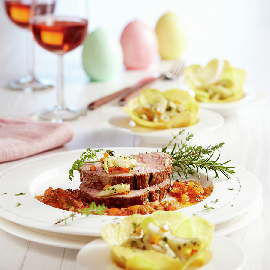 Roasted Beef Fillets ??with Spicy Tomato Sauce And Fennel In Potato Baskets Photograph by Teubner Foodfoto