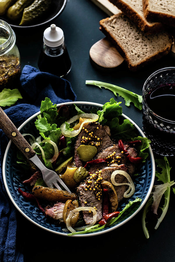 Roasted Beef With French Mustard Greenleaves Bread Pickles Photograph by Monika Grabkowska