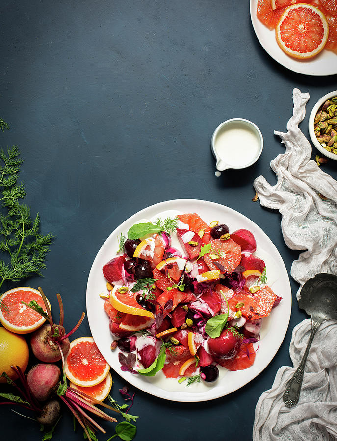 Roasted Beetroot And Grapefruit Salad With Goats Cheese Crme Photograph by Great Stock!