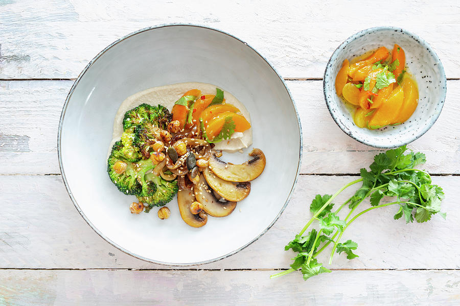 Roasted Broccoli With Portobello Mushrooms, Chilli Apricots And Hummus vegan Photograph by Jan Wischnewski