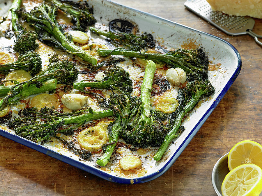 Roasted Broccolini And Lemon With Crispy Parmesan Cheese Photograph By ...