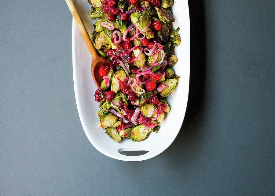Roasted Brussels Sprouts With Cranberries, Maple Syrup And Whiskey Butter Photograph by Lisa Rees