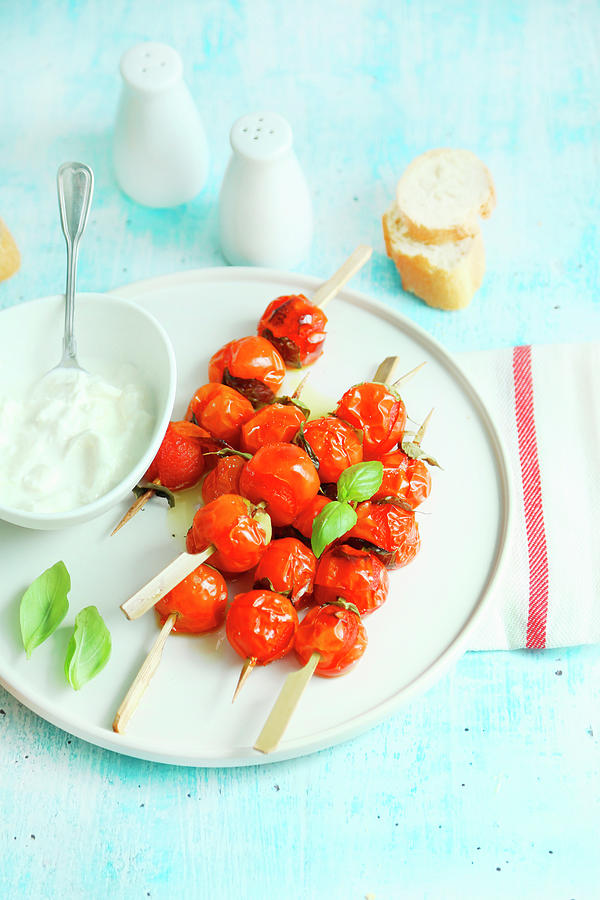 Roasted Cherry Tomato Skewers Served With Fresh Stracciatella Photograph by Claudia Gargioni