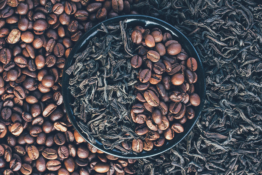 Coffee Photograph - Roasted Coffee Beans And Dry Leaves Of Black Tea, Top View Closeup by Andre Solovie