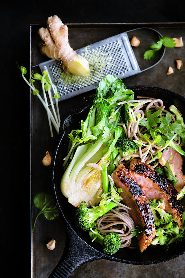 Roasted Duck Breast With Soba Noodles, Vegetables, Cilantro And Peanuts In A Cast-iron Pan Photograph by Tina Engel