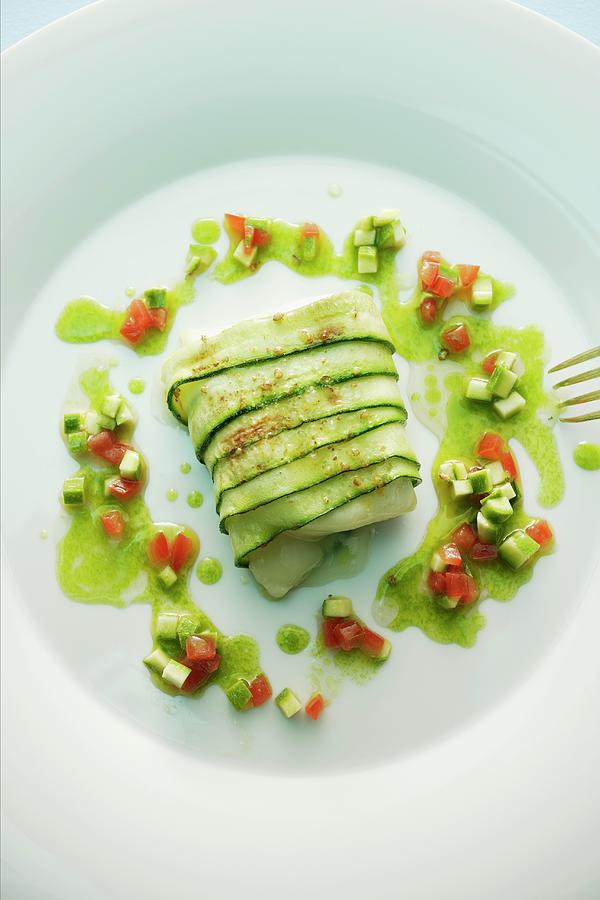 Spring Photograph - Roasted Goats Cheese Wrapped In Courgette With A Tomato And Wild Garlic Vinaigrette by Michael Wissing