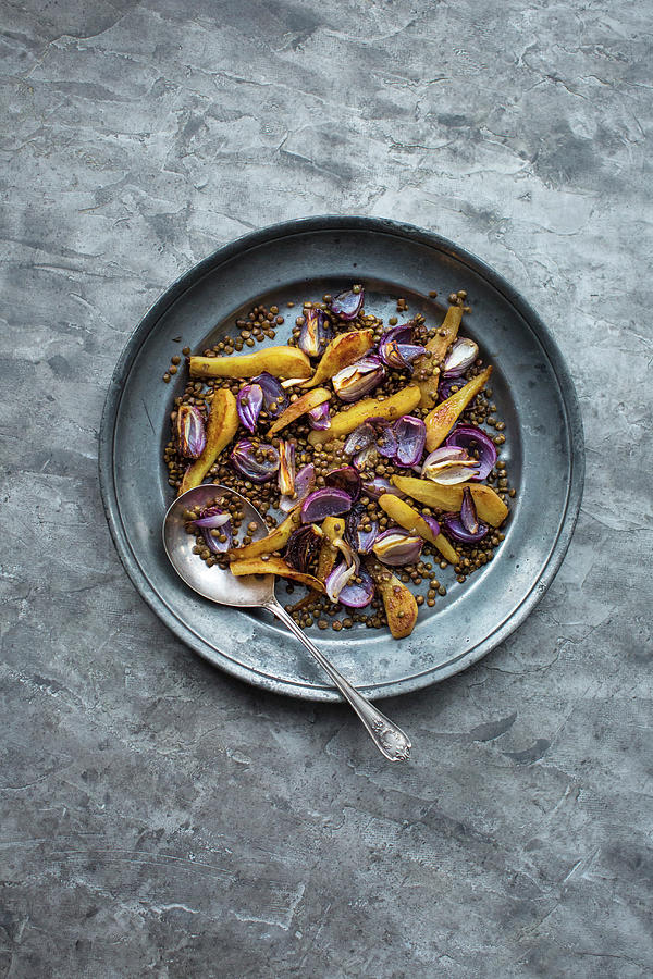 Roasted Lentils With Pears And Red Onions On A Pewter Plate top View Photograph by Lara Jane Thorpe