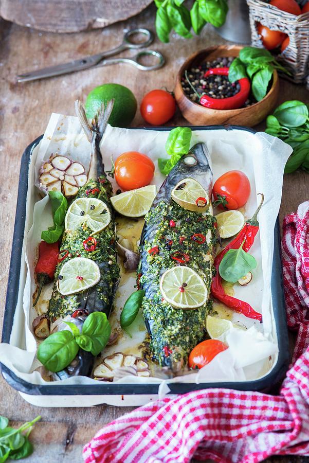 Roasted Mackerel With Garlic, Lime, Chilli Pepper And Basil Photograph by Irina Meliukh