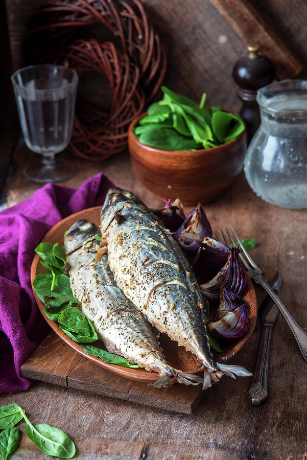 Roasted Mackerel With Red Onions Photograph by Irina Meliukh