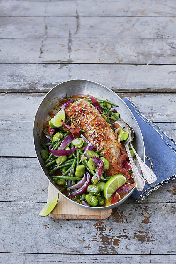 Roasted Pork Filet Mignon,panfried Green Beans,broad Beans And Red