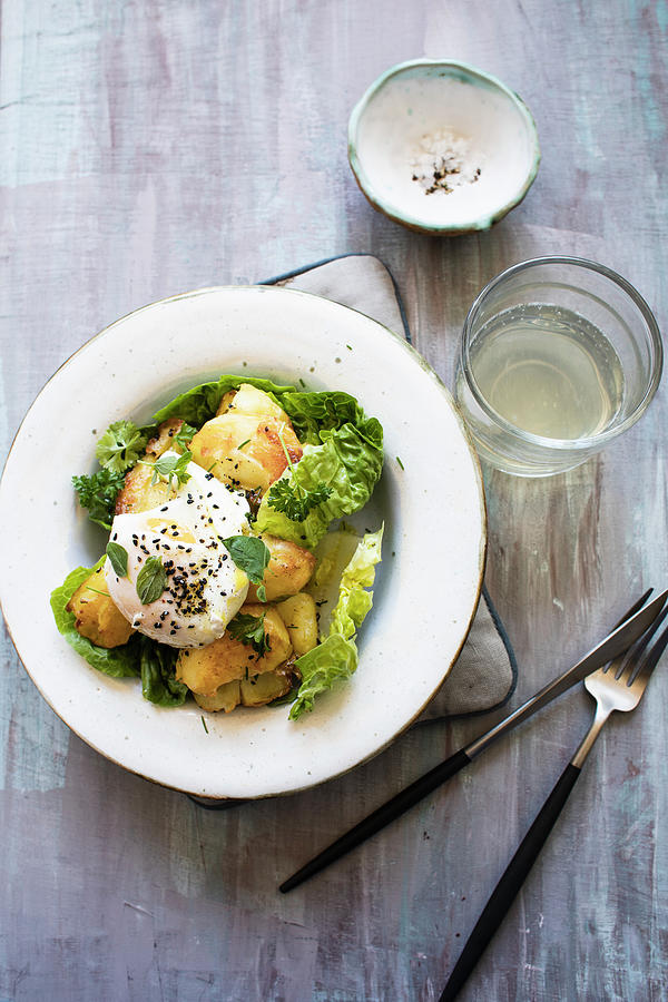Roasted Potato Salad With Romaine Lettuce And Poached Eggs Photograph by Lilia Jankowska