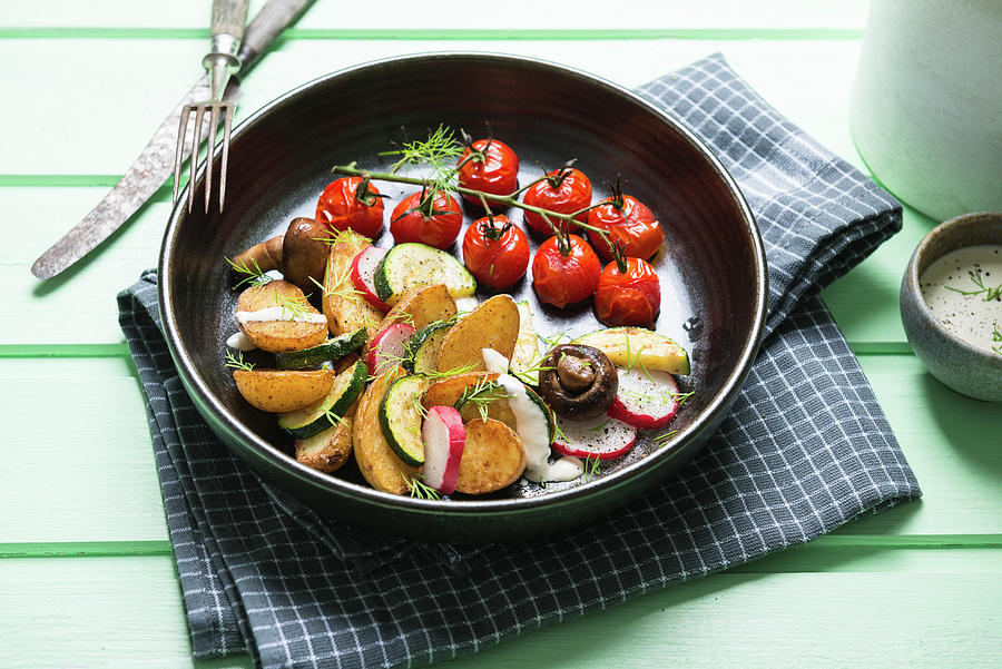 Roasted Potatoes With Vegetables, Mushrooms And Vegan Yogurt Dressing Photograph by Kati Neudert