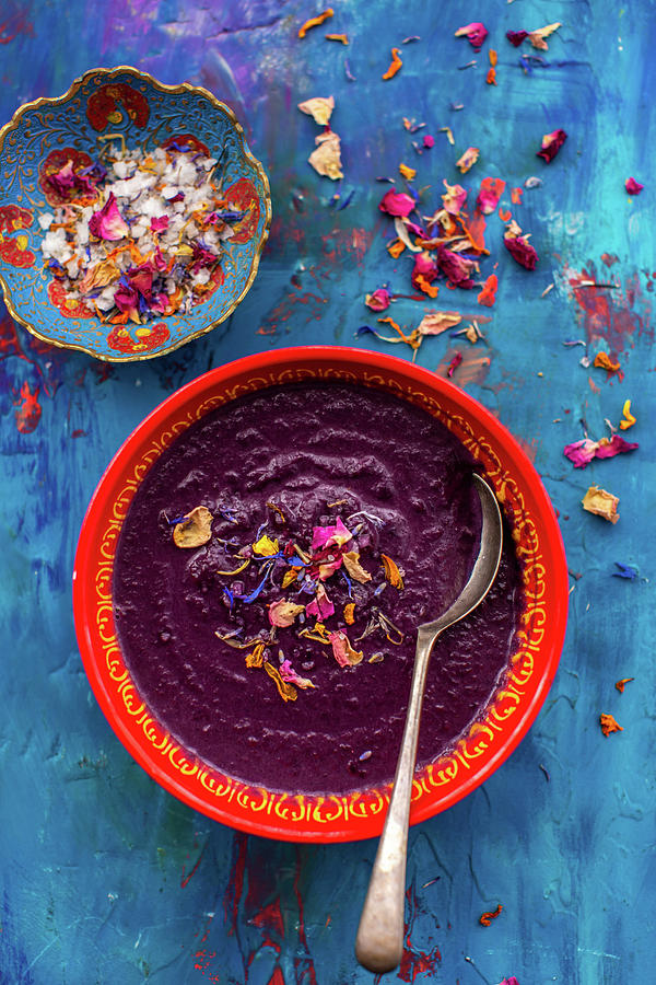 Roasted Purple Carrot And Lentil Soup Topped With Seasalt And Edible Petals Photograph by Lara Jane Thorpe