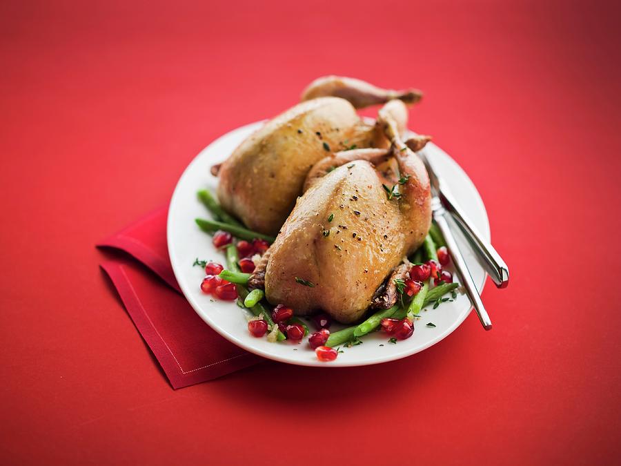 Roasted Quail, Green Beans With Pomegranate Seeds Photograph by Roulier-turiot