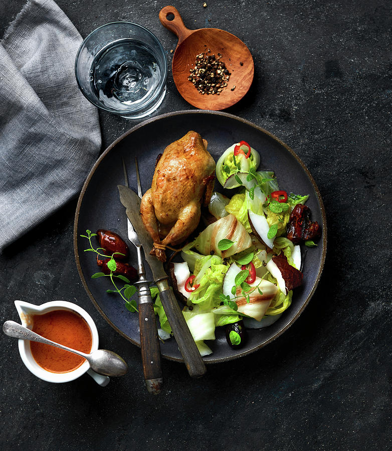 Roasted Quail With Chinese Cabbage, Coconut, Dates And Chili Salad Photograph by Angelika Grossmann