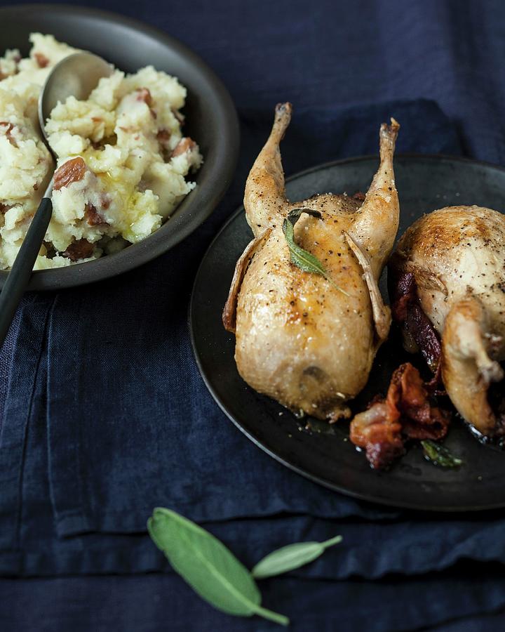 Roasted Quail With Sage And Smoked Bacon, Mashed Potatoes With Chestnuts Photograph by Garnier