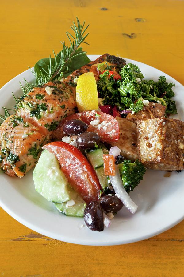 Roasted Salmon, With Tofu, Kale And Greek Salad Photograph by Amy Kalyn Sims