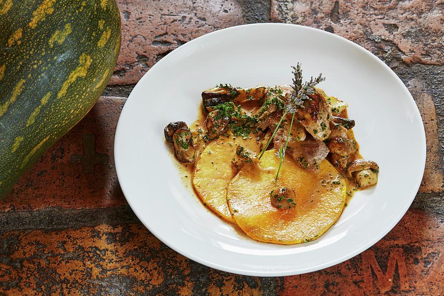 Roasted Slices Of Langer Squash From Nepal With Veal And Porcini Mushrooms Photograph by Herbert Lehmann