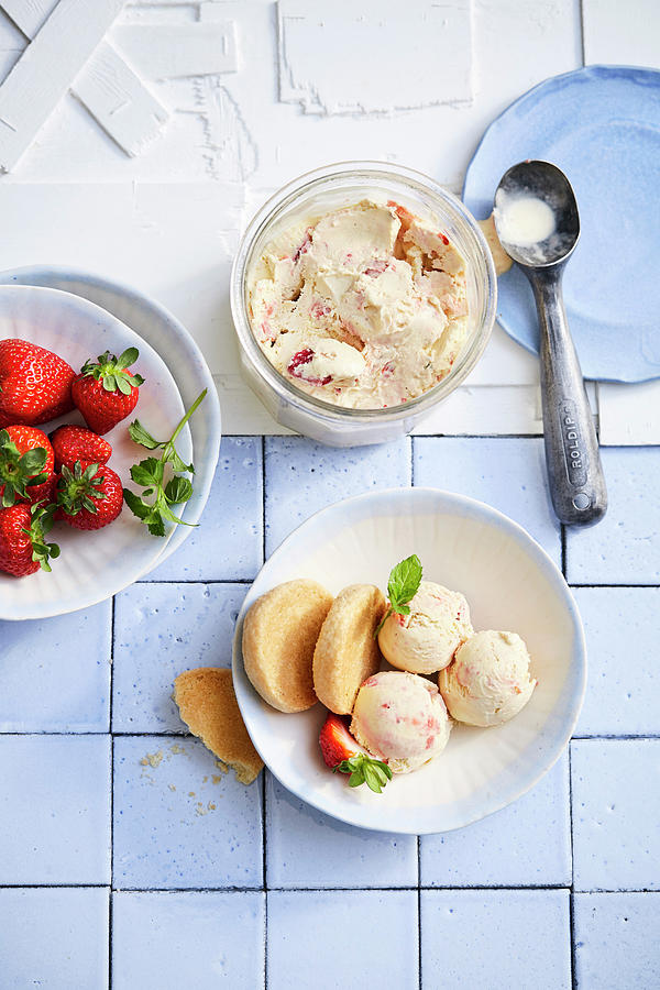 Roasted Strawberry Ice Cream With Shortbread Photograph by Stockfood Studios /  Thorsten Suedfels