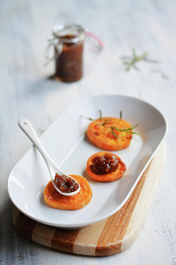Roasted Sweet Potato Slices With Carrot And Onion Chutney Photograph by Mariola Streim
