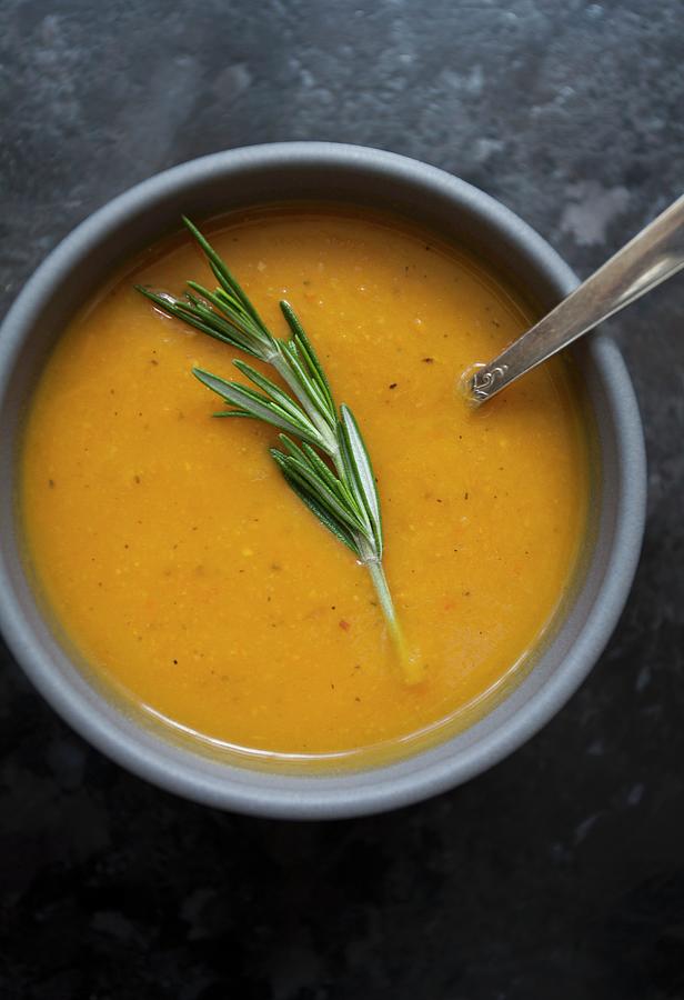 Fall Photograph - Roasted Vegetable Soup Topped With A Sprig Of Rosemary by Ryla Campbell