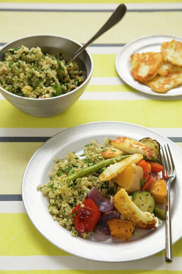 Roasted Vegetables And Halloumi Cheese With Herb Quinoa Photograph by Joy Skipper Foodstyling