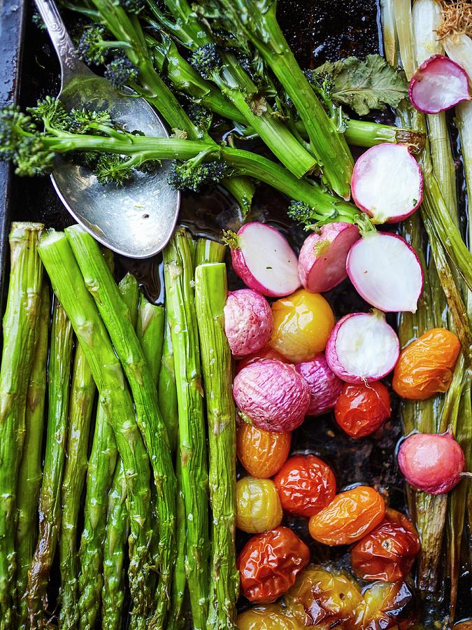 Roasted Vegetables, Radishes, Broccoli, Spring Onions, Asparagus And Tomatoes Photograph by Lukejalbert
