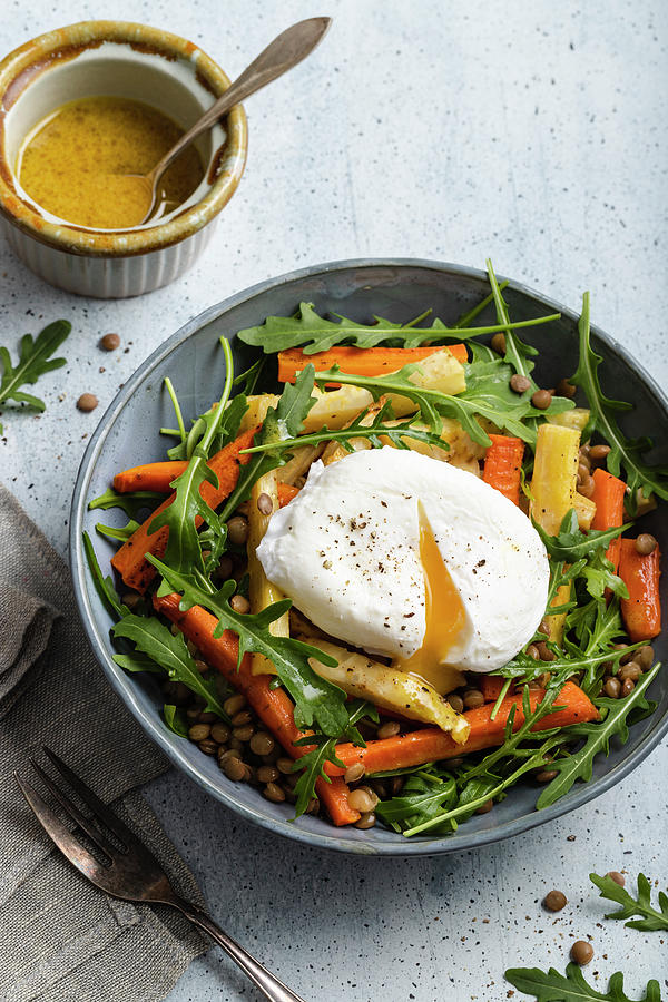 Roasted Vegetables Salad With Lentils - Roasted Carrots, Parsnip And Celeriac, Rocket, Lentils And Poached Egg Photograph by Zuzanna Ploch
