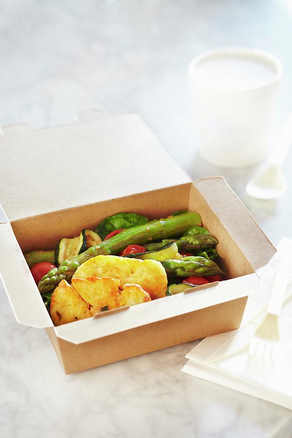 Roasted Vegetables With Halloumi In A Takeaway Box Photograph by Charlotte Tolhurst
