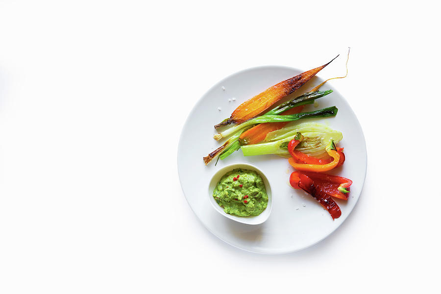 Roasted Vegetables With Matcha Dip On Plate, Copy Space Photograph by Jalag / Stefan Bleschke