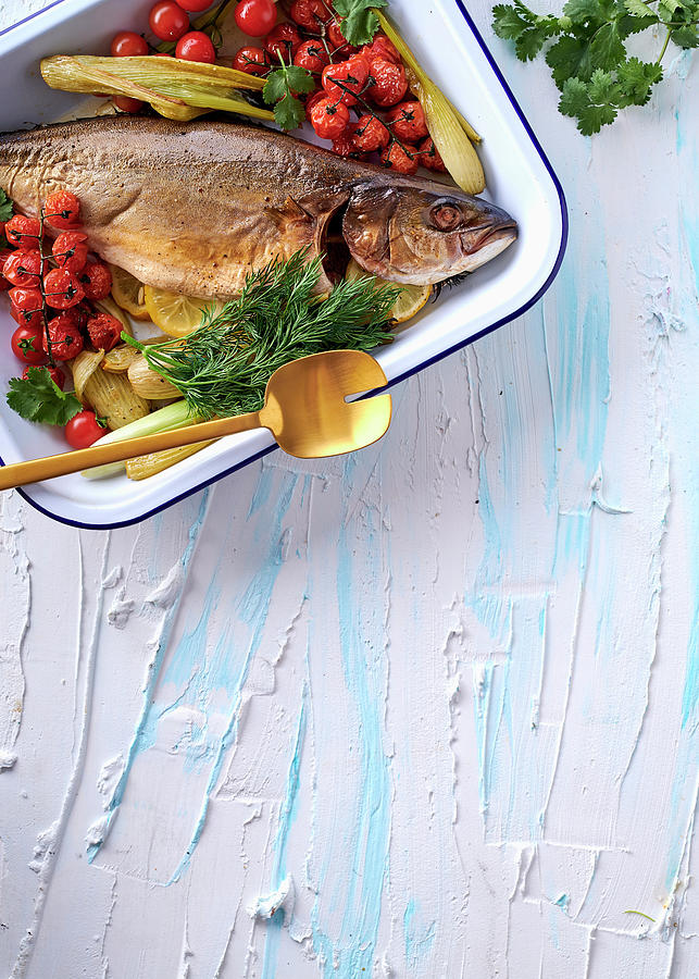 Roasted Yellowtail With Baby Fennel And Vine Tomatoes Photograph by Great Stock!