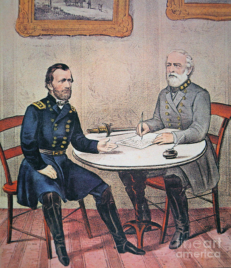 Currier And Ives Painting - Robert E Lee Surrenders To Ulysses S Grant At Appomattox Courthouse, 1865 by Currier And Ives