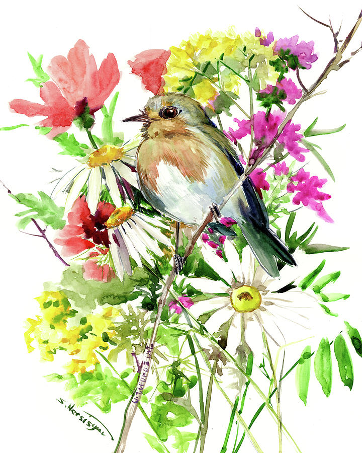 Bird Painting - Robin and Summer by Suren Nersisyan