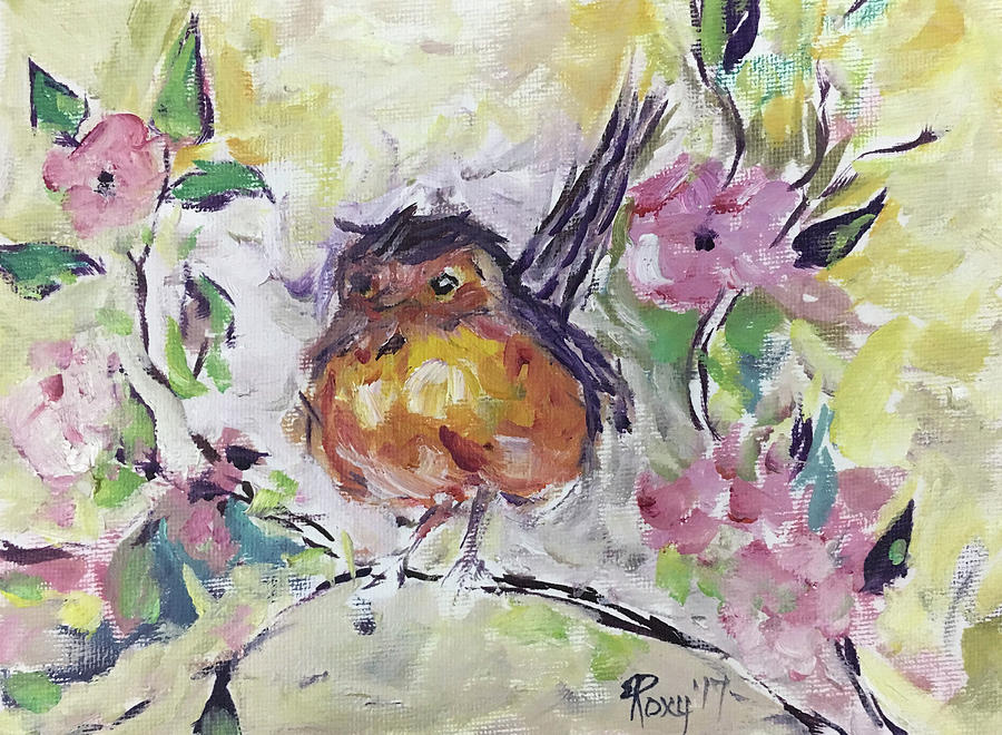 Robin in Cherry Blossoms Painting by Roxy Rich