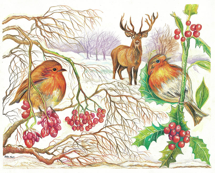 Robins and Berries  Painting by Kevin Derek Moore
