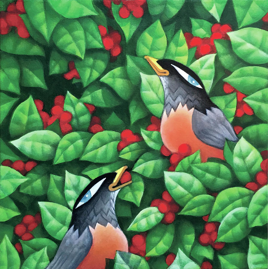 Bird Digital Art - Robins Eating Holly by Margaret Wilson