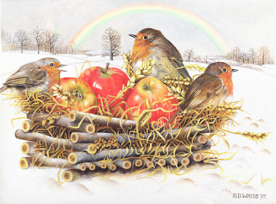 Robins With Apples Painting by Eb Watts