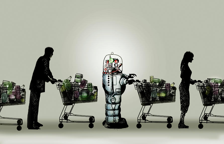 Robot With Shopping Trolley Photograph by Ikon Images