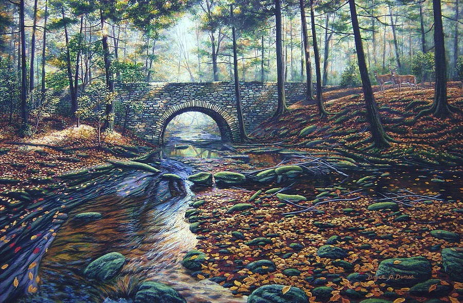 Rock Bridge White Tails Painting by Bruce Dumas