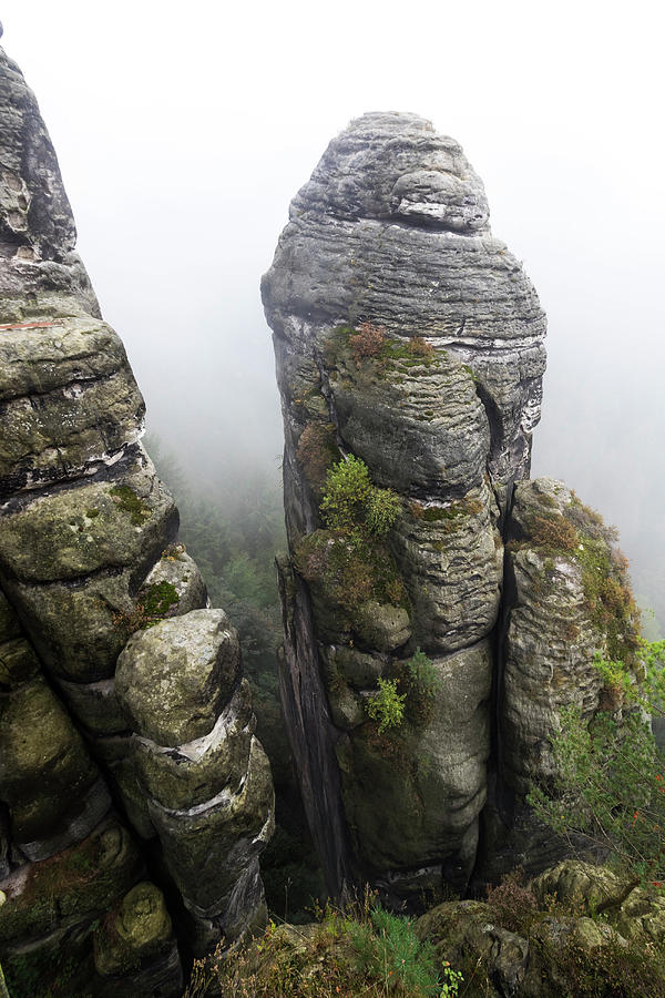 Rock Needle In Mist, Rock Formation Bastei, Saxon Switzerland National Park, Elbe Sandstone Mountains, Rathen, Saxony, Germany, Europe Photograph by Konrad Wothe