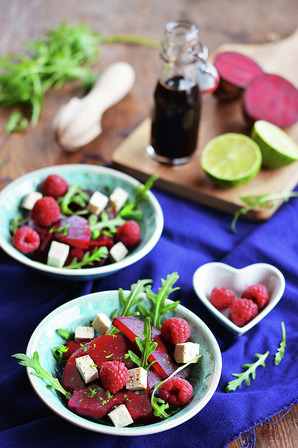 Rocket Salad With Beetroot, Natural Tofu And Raspberries, With Balsamic Vinegar And Limes In The Background Photograph by Mariola Streim