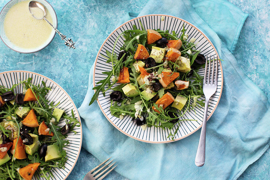 Rocket Salad With Butternut Squash And Avocados Photograph by Lara Jane Thorpe