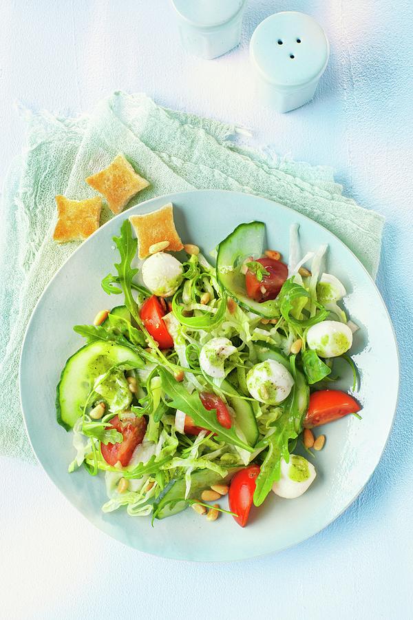 Rocket Salad With Mozzarella, Cucumber And Tomato Photograph by Stephanie Gayer