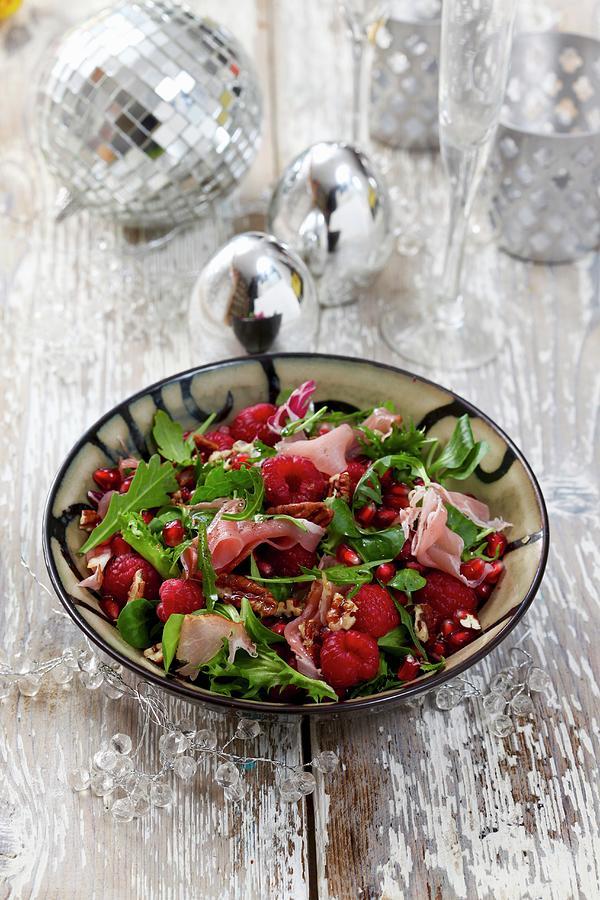 Rocket Salad With Raspberries, Parma Ham And Pecan Nuts Photograph by Boguslaw Bialy