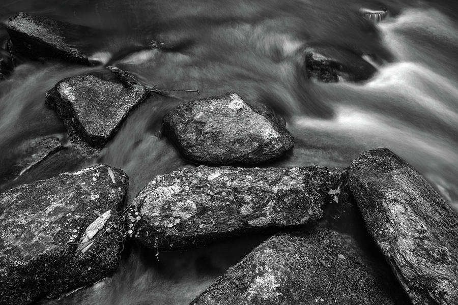 Black And White Photograph - Rocks in Stream Study 1 by Lindsay Garrett