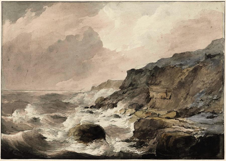 Rocky coast at Boulogne sur Mer. Painting by Petrus Johannes Schotel ...