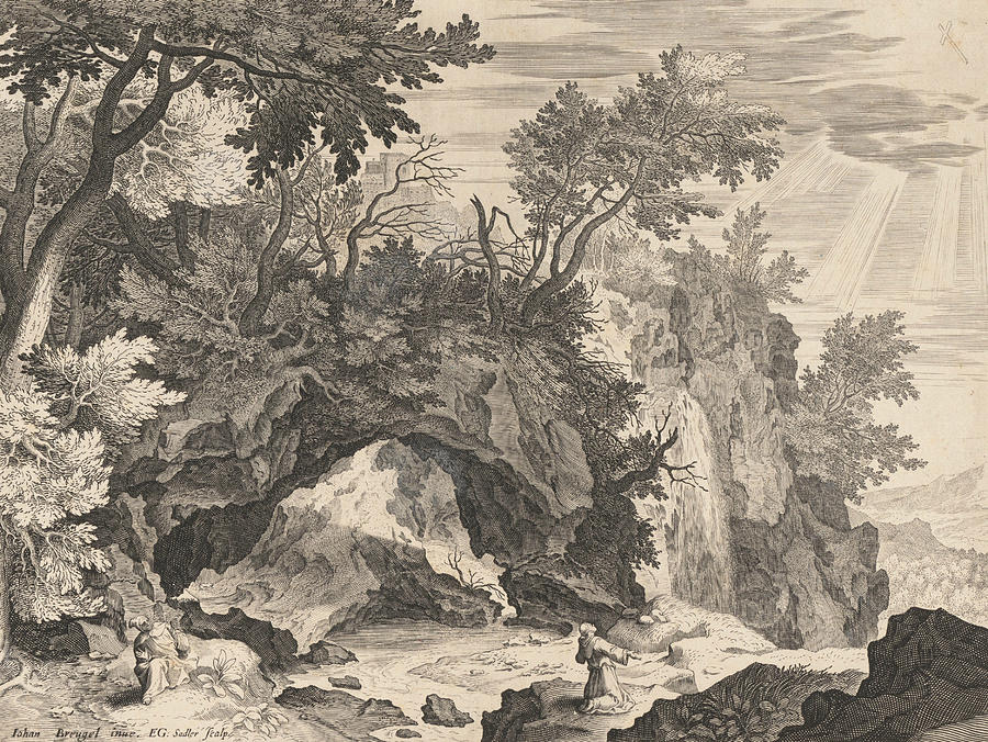 Rocky Landscape with the Stigmatisation of Saint Francis Relief by Aegidius Sadeler
