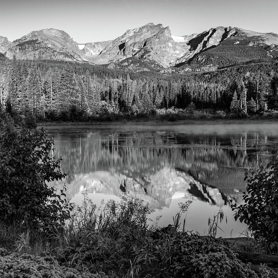 Black And White Photograph - Rocky Mountain Peaks in Monochrome - Estes Park Colorado 1x1 by Gregory Ballos