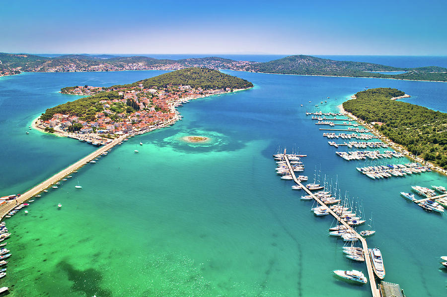 Rogoznica turquoise bay town and marina aerial view Photograph by Brch Photography